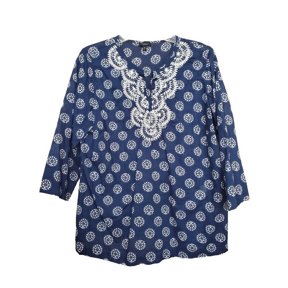 Talbots Woman Petites Cotton Embroidered Beaded Split Neck Tunic Size 1XP